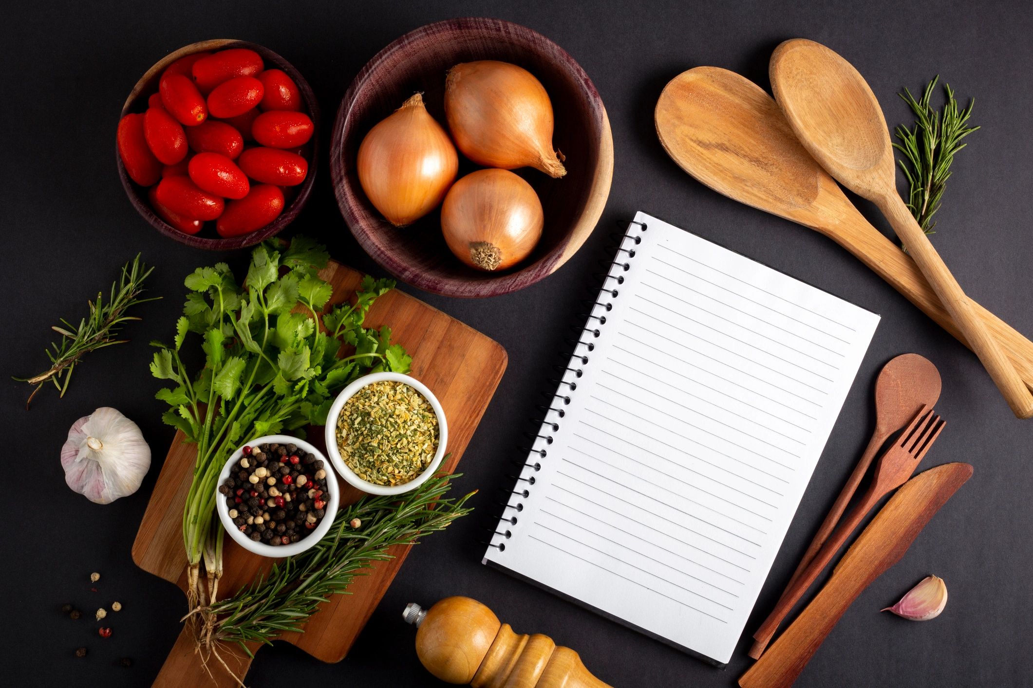 Cookbook with ingredients on the table. Recipe book.